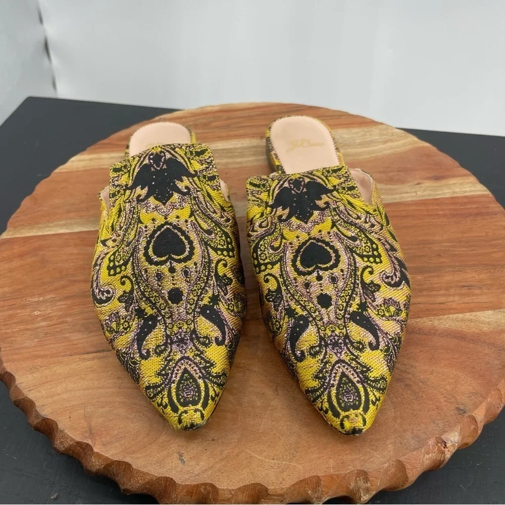 J Crew marina slides, brocade marigold yellow black Women‎ 7.5 K0037